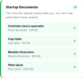 Deal room documents block: the four files the startup explicitly shares with the fund, with size and download.