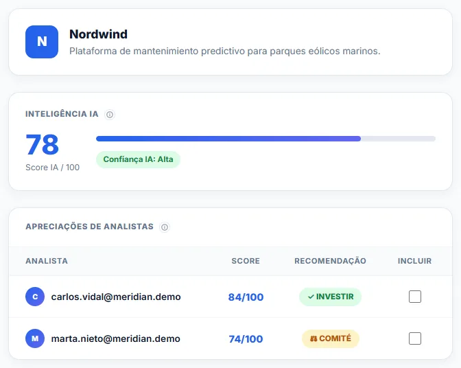Ecrã de avaliação de consenso: índice de investibilidade de 78 em 100 com confiança alta, e as apreciações assinadas de dois analistas.