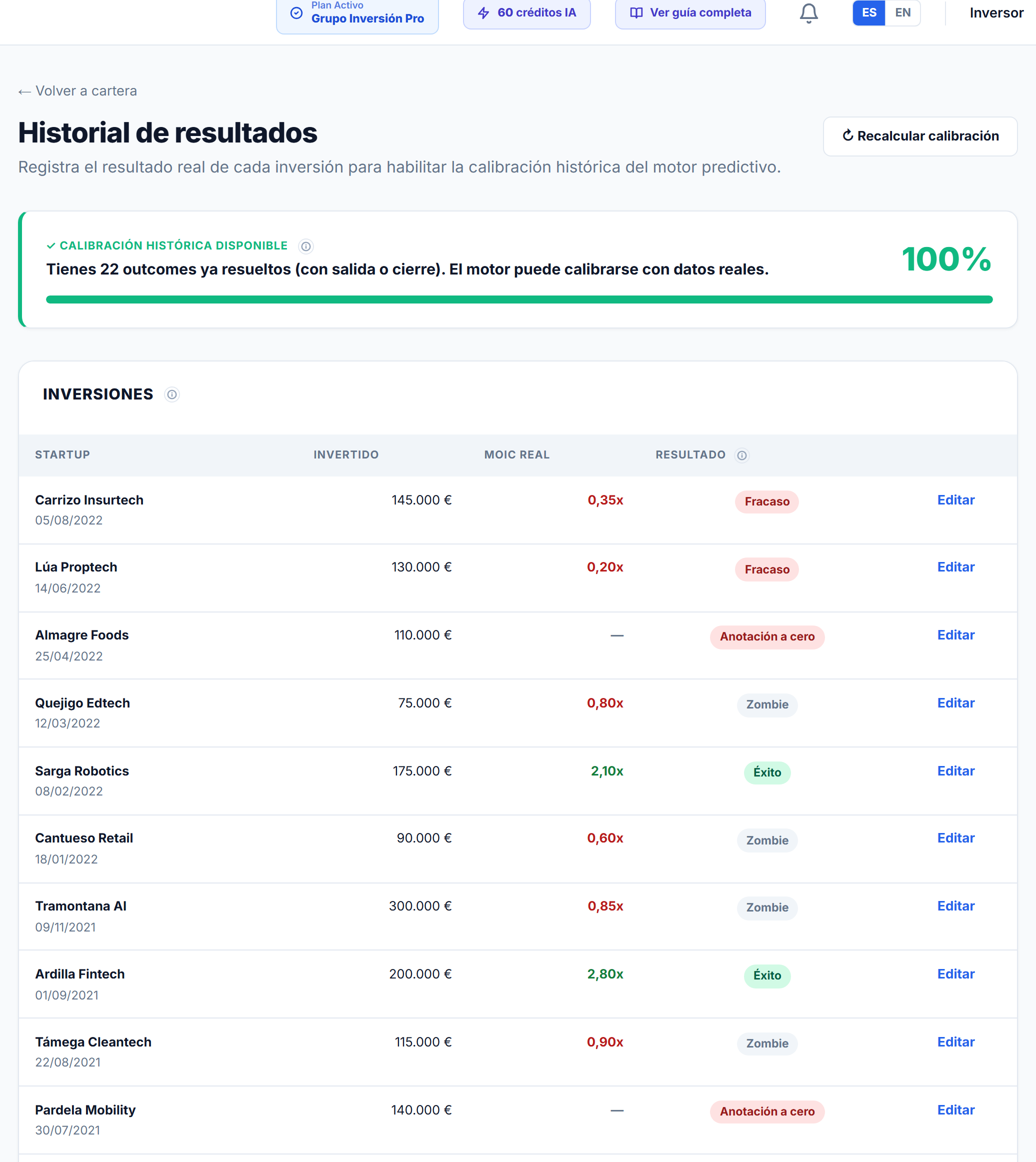 Catálogo completo de las diez reglas del motor de calibración con su estado