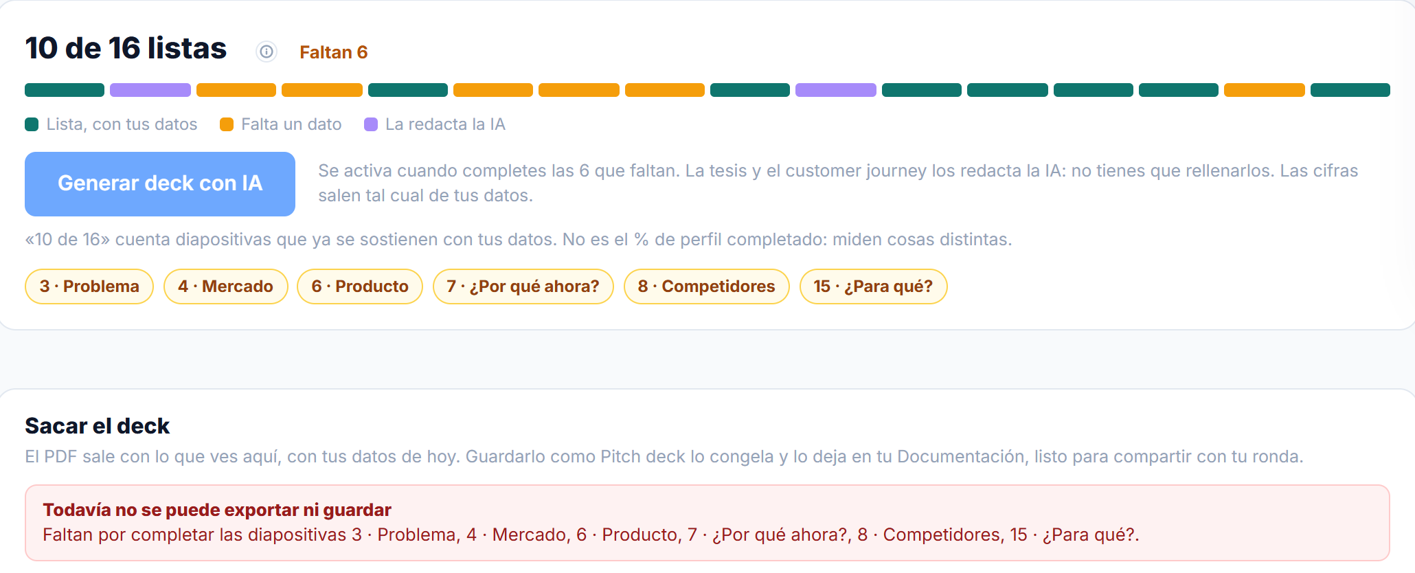 Cobertura del deck: diez de dieciséis diapositivas listas, seis con hueco, y la exportación bloqueada hasta completarlas