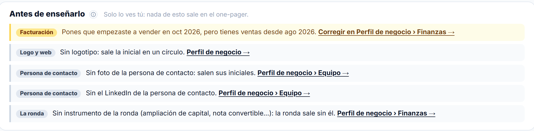 Avisos antes de enseñar el one-pager: la fecha de inicio de ventas contradice las ventas registradas, falta el logo, falta el LinkedIn