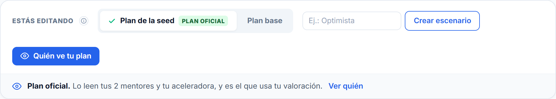 Selector de planes con el plan de la seed como oficial, un plan base como escenario, el botón de crear escenario y una línea que dice quién lee el plan oficial