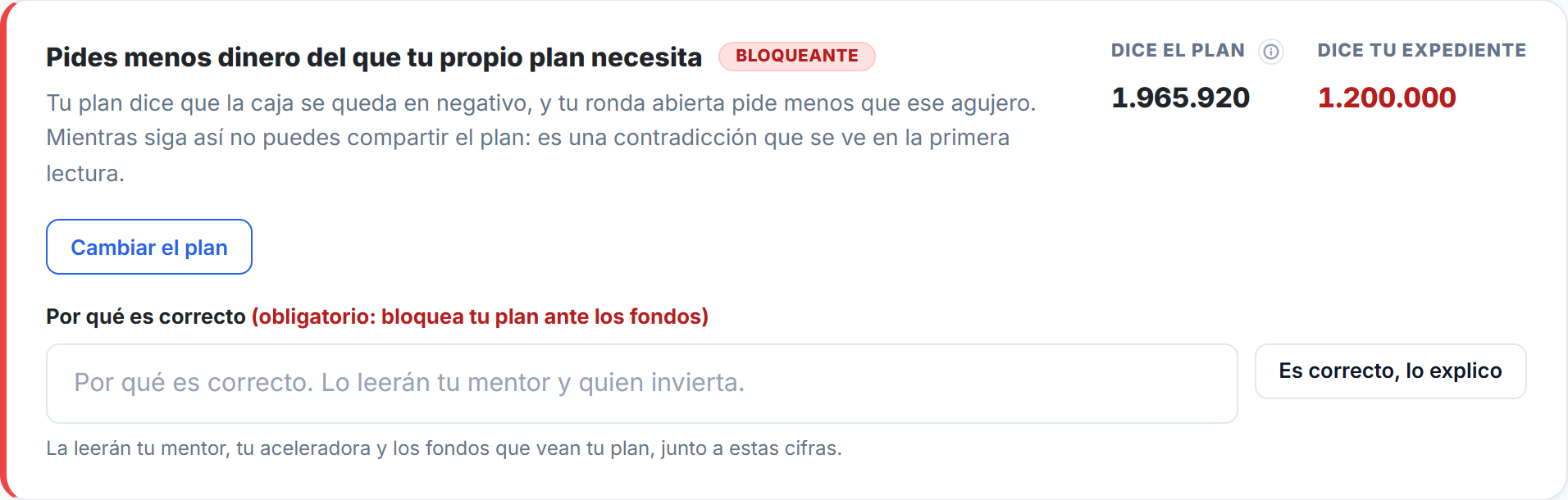 Aviso bloqueante: pides menos dinero del que tu propio plan necesita. Dice el plan 1.965.920 y dice tu expediente 1.200.000, con un botón para cambiar el plan y una explicación obligatoria