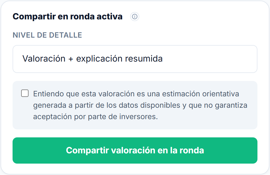 Compartir en la ronda activa: nivel de detalle, la casilla de que la valoración es una estimación orientativa y el botón para compartir